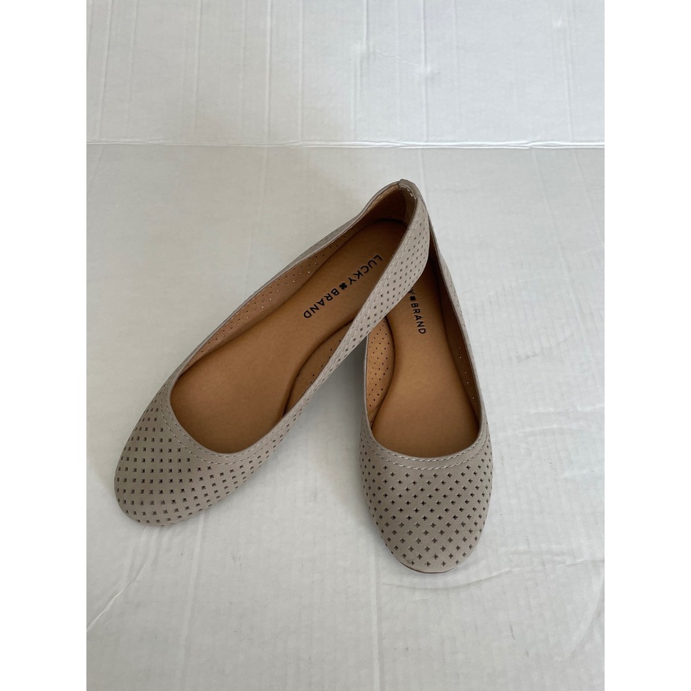 Lucky Brand Ballet Flats Emmie Perforated Faux Suede Taupe Grey Shoes Size 8M